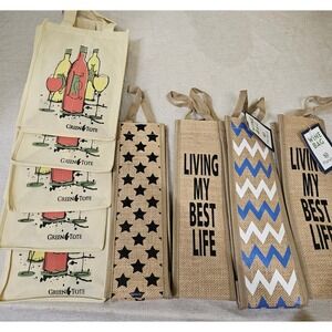 Lot of 4 Wine Bags Reusable Jute 4 Multi Bottle Tote Bags with Designs